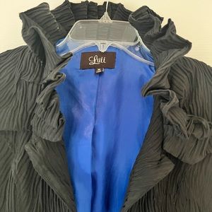 Luii black coat with ruffle neckline and sapphire lining!